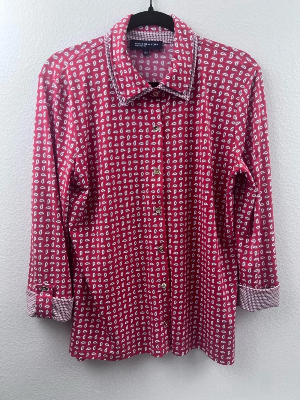 Jones NY Signature Large Paisley Blouse Layered Collar, Golden Buttons, Classic - Picture 2 of 10